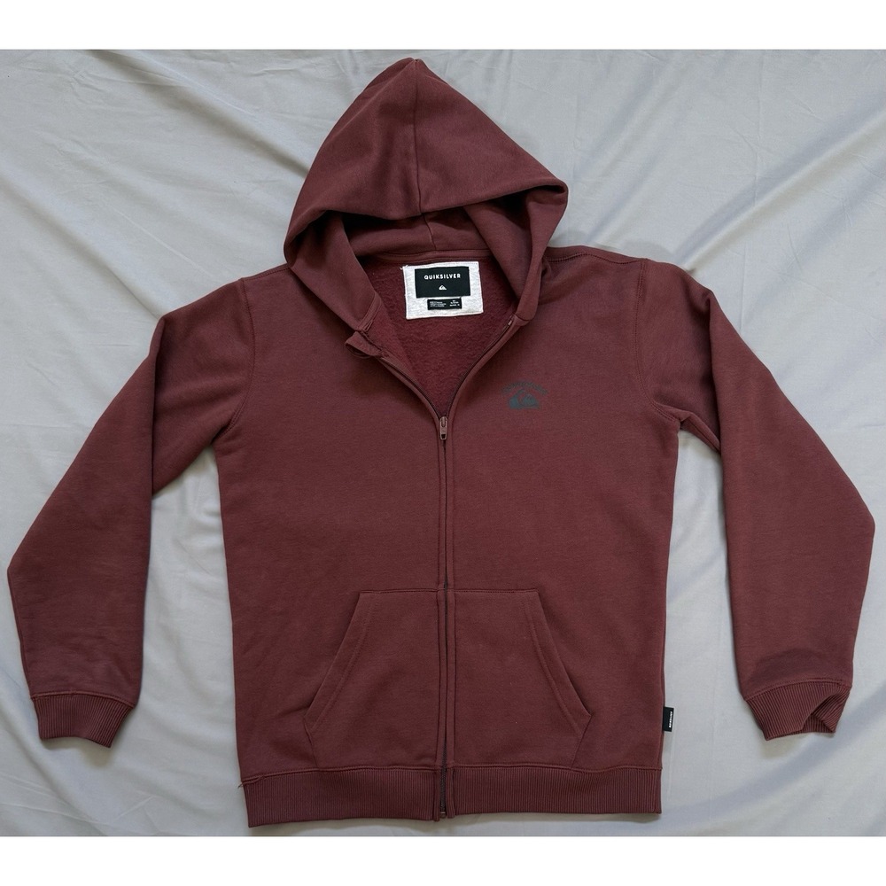 Quiksilver Boys Full Zip Hoodie Burgundy Maroon Graphic‎ Fleece Sweatshirt XL 16